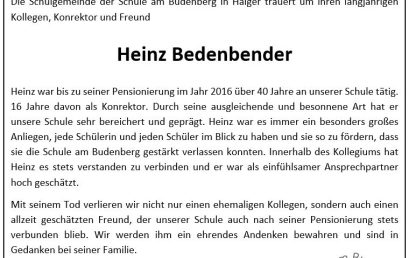 Die Schulgemeinde unserer Schule trauert um Heinz Bedenbender