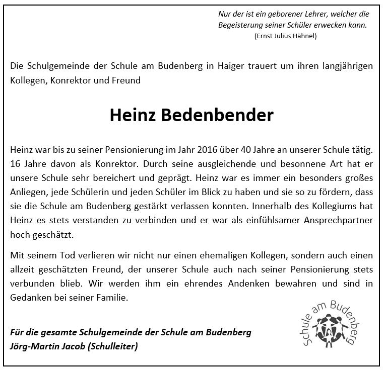 Die Schulgemeinde unserer Schule trauert um Heinz Bedenbender